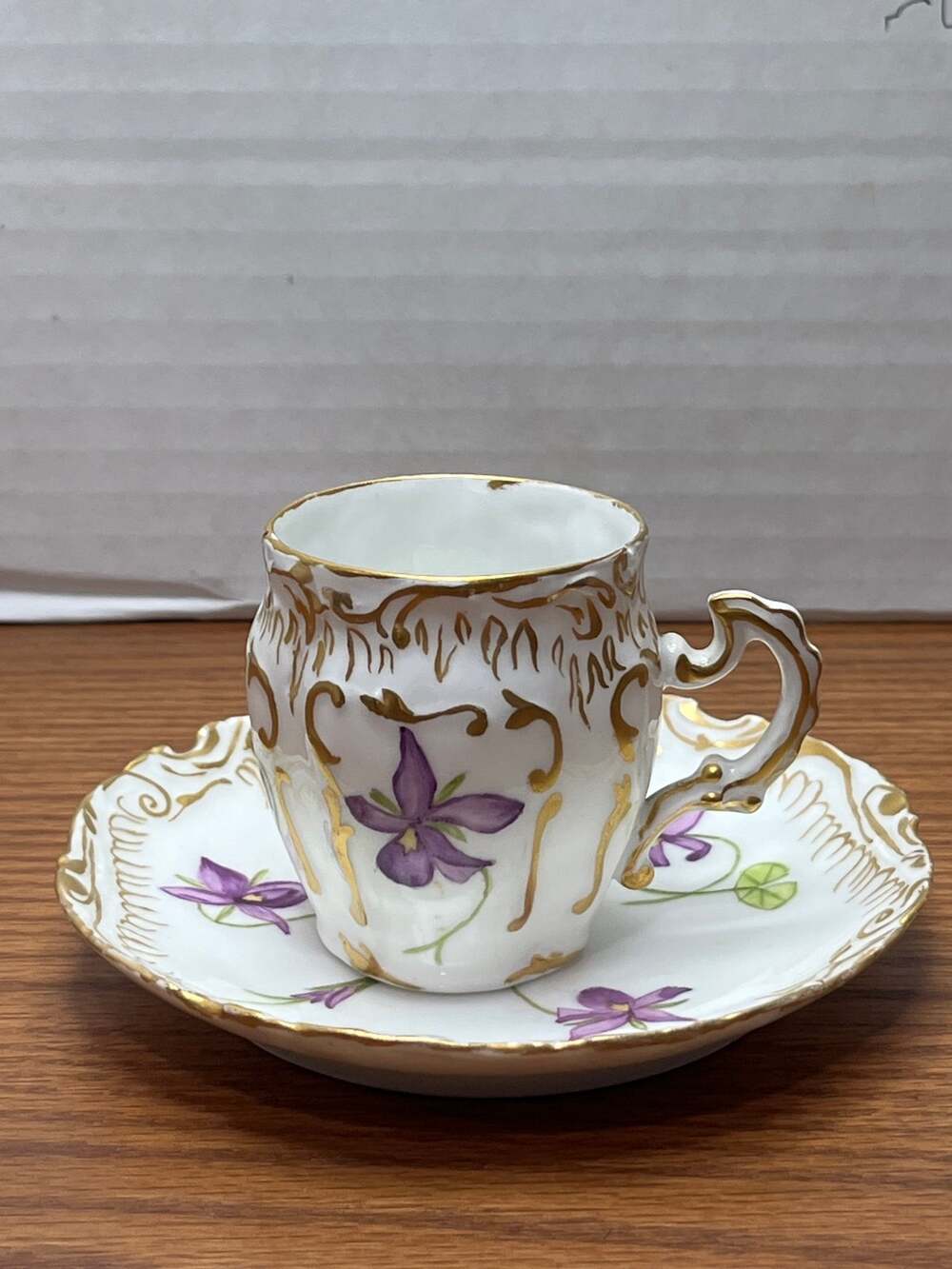 Weible Porcelain Demitasse Cup Saucer Purple Floral Gold Trim 4.75"